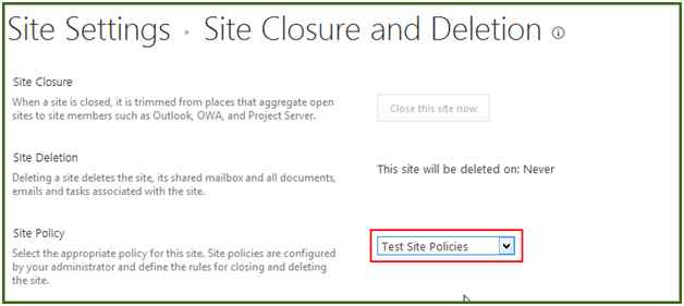 Select Site policy from listing